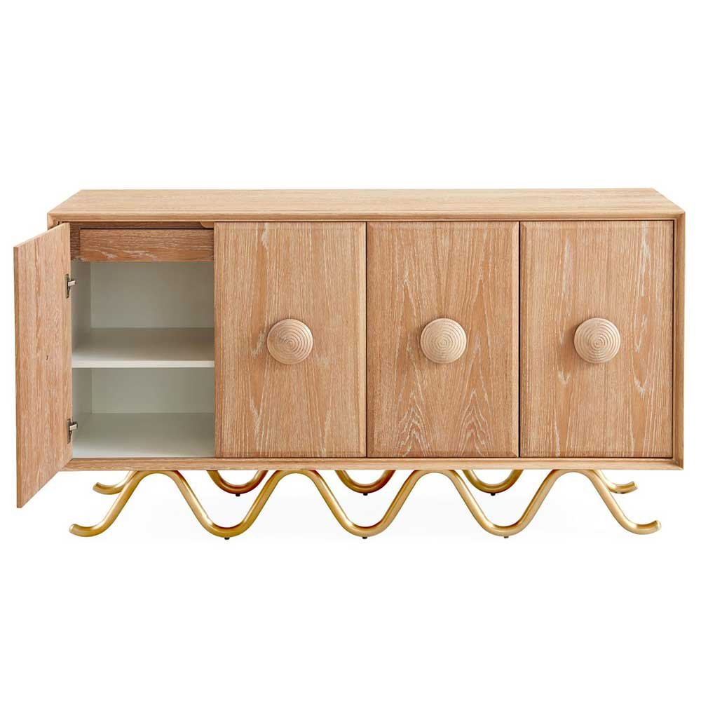 Cerused Oak 4-Door Sideboard with Wave Gold Base