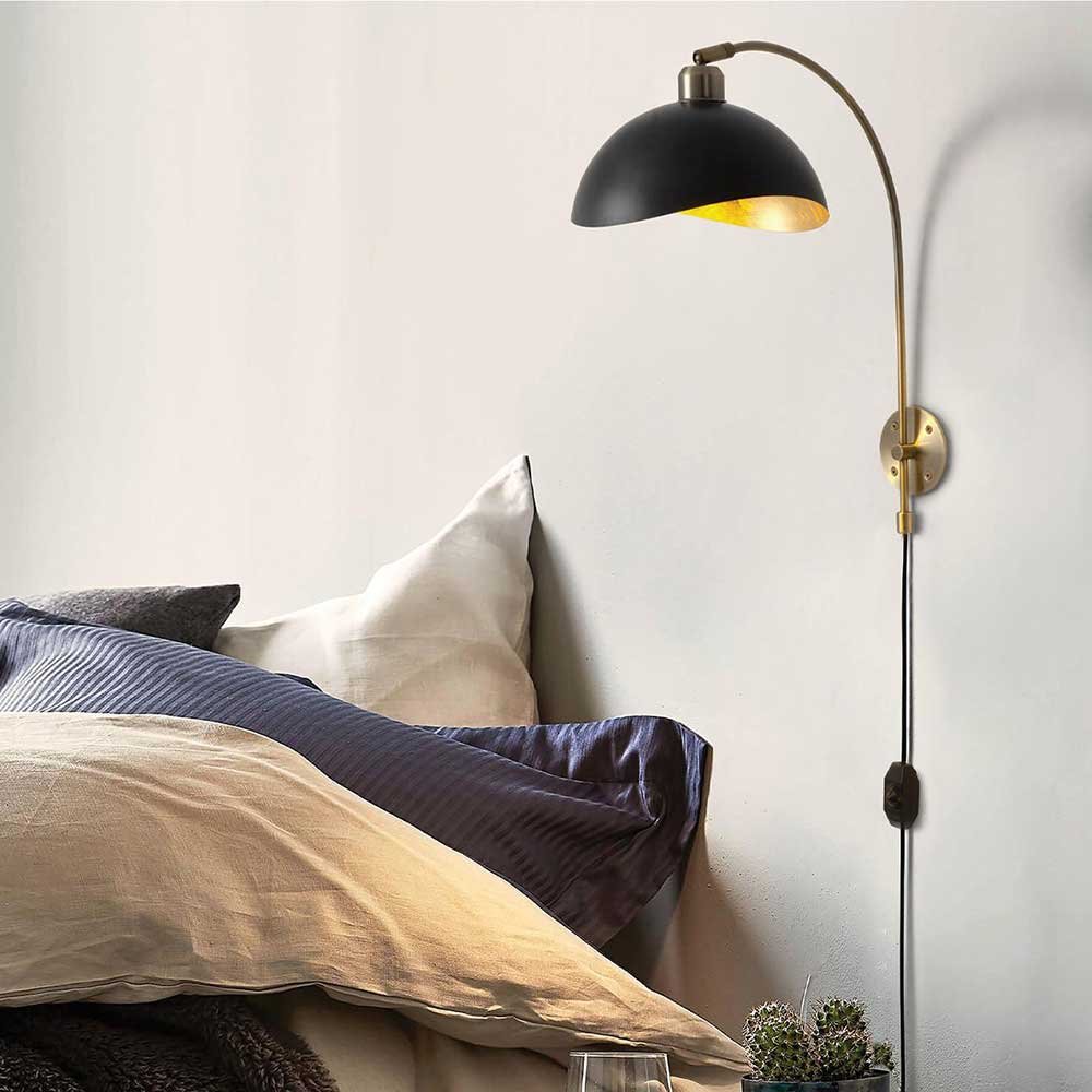 Brass Arc Wall Light – Black Dome with Gold-Leaf Interior