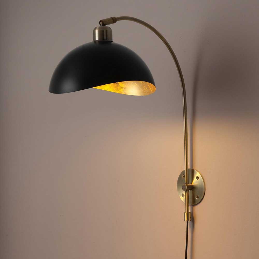 Brass Arc Wall Light – Black Dome with Gold-Leaf Interior