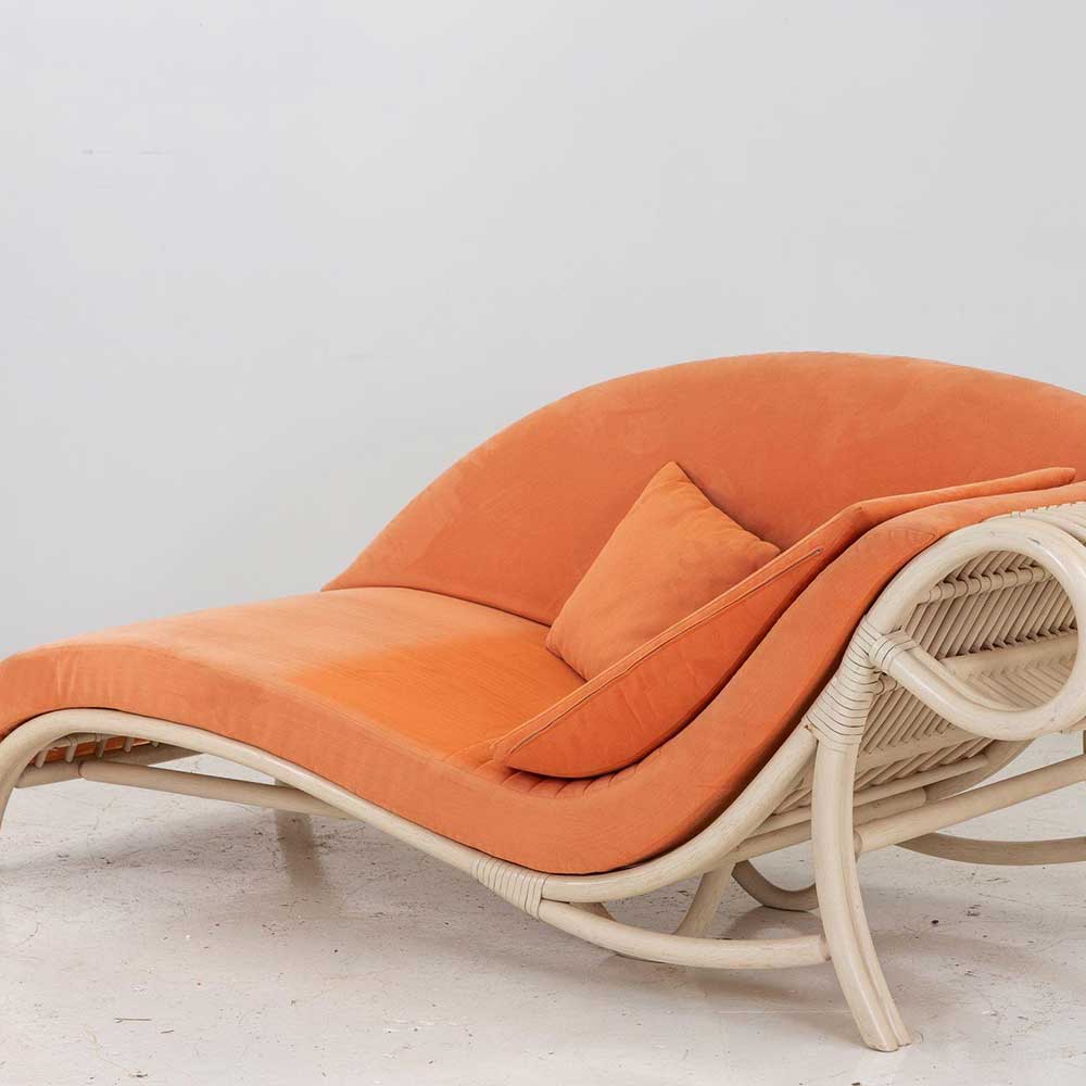 Scroll Rattan Chaise Longue – Cream Frame & Orange Upholstery