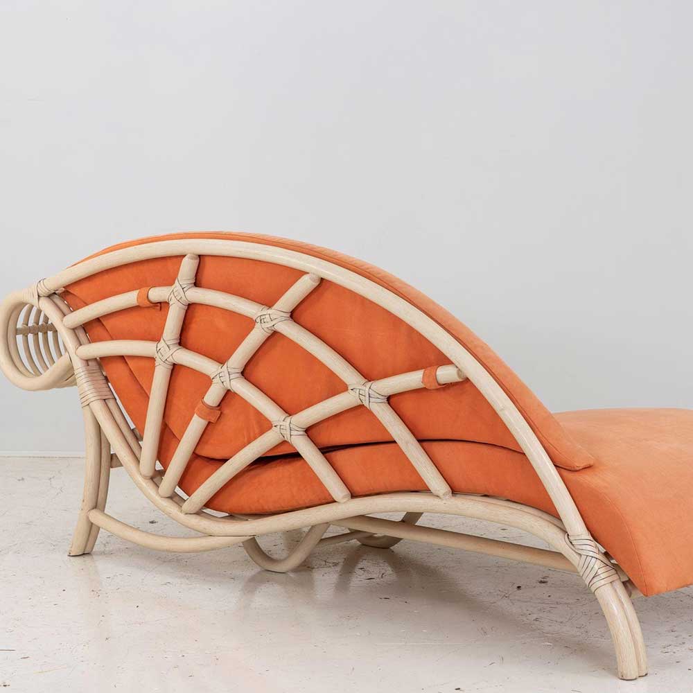 Scroll Rattan Chaise Longue – Cream Frame & Orange Upholstery