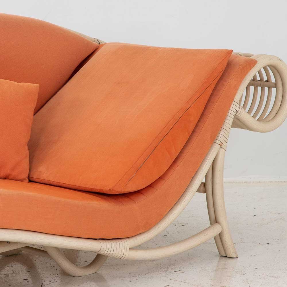 Scroll Rattan Chaise Longue – Cream Frame & Orange Upholstery