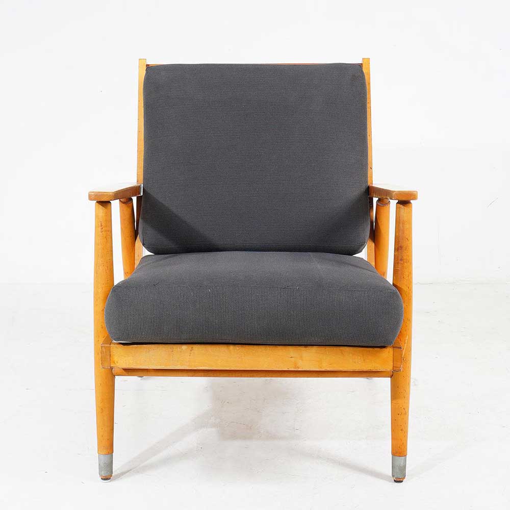 Mid-Century Timber Armchair – Honey Maple & Charcoal Cushions