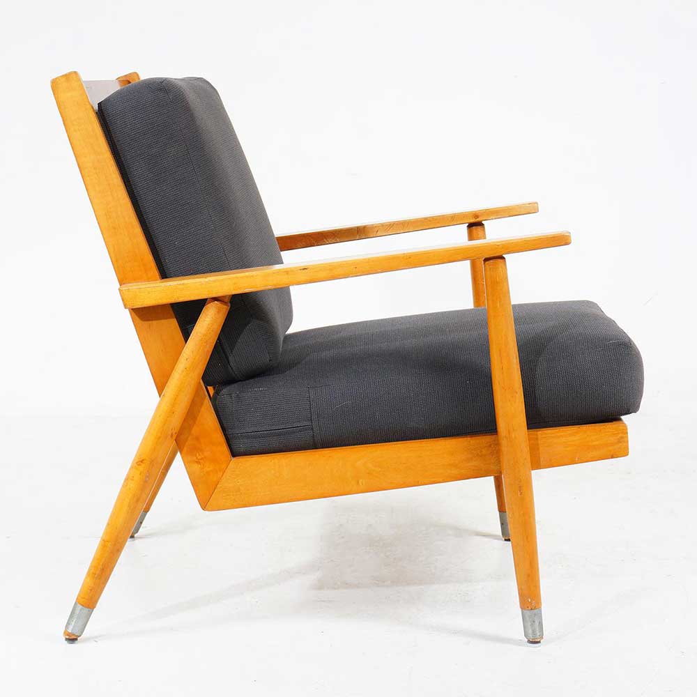 Mid-Century Timber Armchair – Honey Maple & Charcoal Cushions